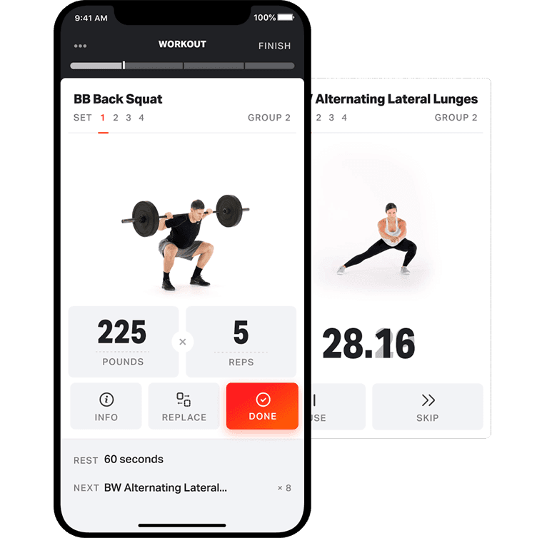 BB back squat movement card with card coming being showing BW alternating lateral lunges for teams