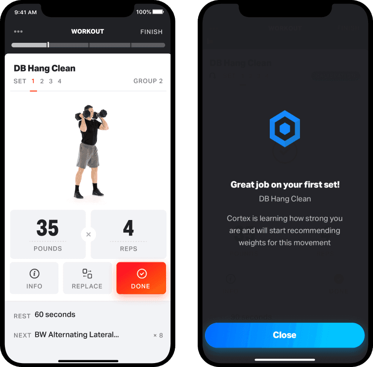 Two phones showing db hang clean and cortex screen for teams
