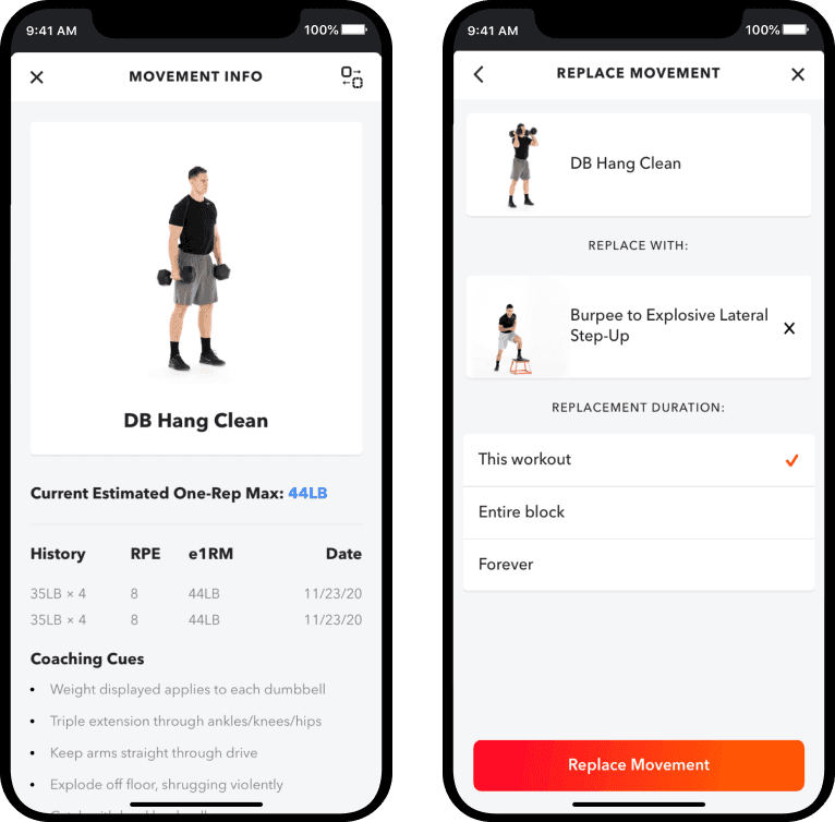 Two phones showing db hang clean movement info and replace movement for db hang clean for teams